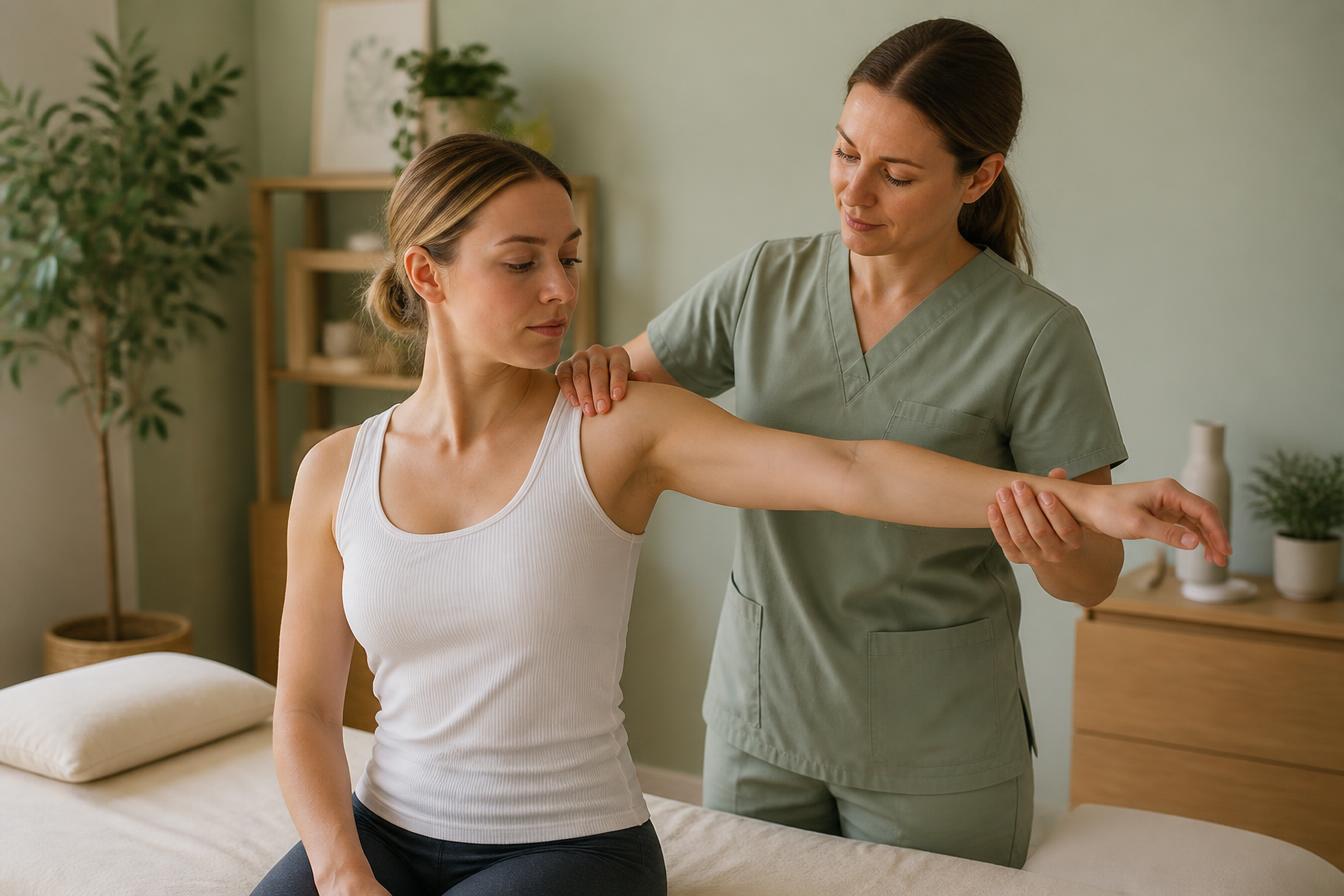 Dr Garima Yadav guiding a patient through a shoulder mobility exercise in a calm treatment room